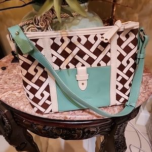 Spartina 449 Leather & Linen Shoulder Bag in Cream, Brown & Mint